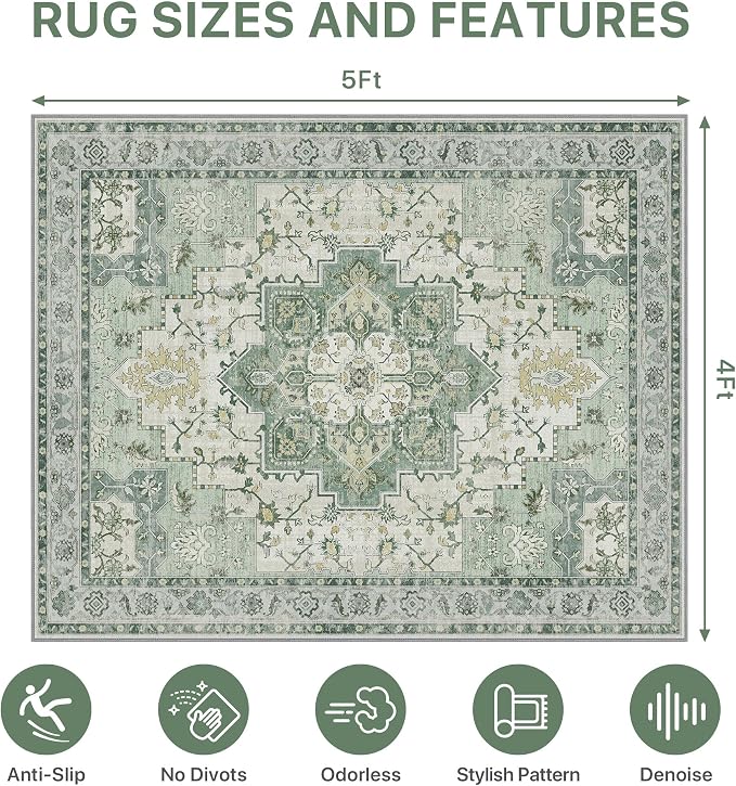 48"x60" Office Chair Mat for Hardwood Tile Floor, Under Desk Carpet Protector for Rolling Computer Chair Mat, Machine Washable Area Rug, Anti-Slip 1/5" Thick Low Pile Thin Vinyl Floor Mat, Green