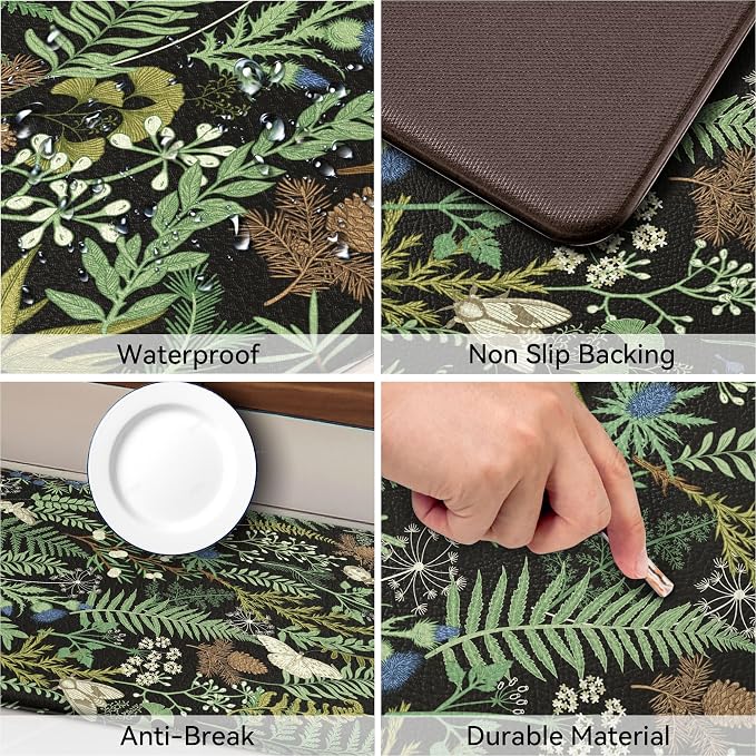 Black Green Botanical Kitchen Rugs Set of 2 Plant Leaf Anti-Fatigue Kitchen Mat Natural Comfort Standing Waterproof PVC Mats 2/5" Thick Leather Carpet for Laundry Office Sink(17.3" x28" + 17.3" x 59")