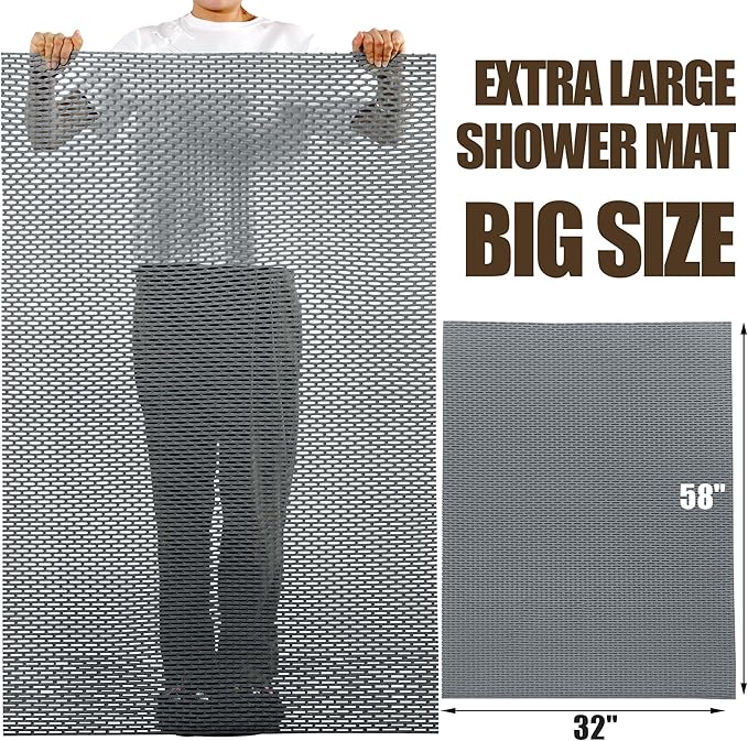 HOMBYS 58 x 32 Extra Large Shower Mat for Shower Stall Tub, Non Slip Bath Mat Bathroom Accessories, PVC Mats for Shower and Bathroom, Quick Drying, (Gray, 58"x32")