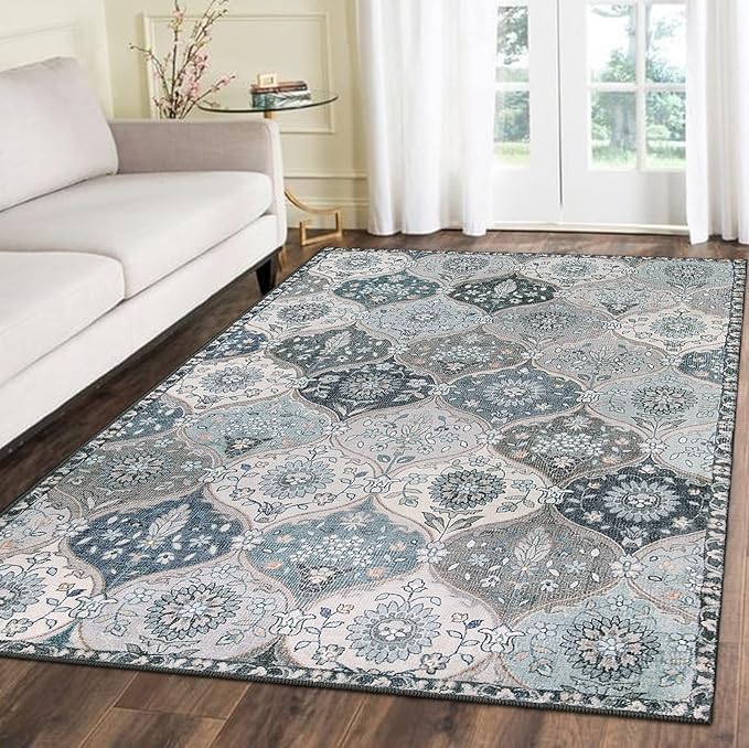 Lahome Moroccan Trellis Washable Area Rug, 5x7 Rugs for Living Room Bedroom, Indoor Non-Slip Oriental Accent Throw Large Carpet for Kitchen Entryway Bathroom Office Elise, Blue