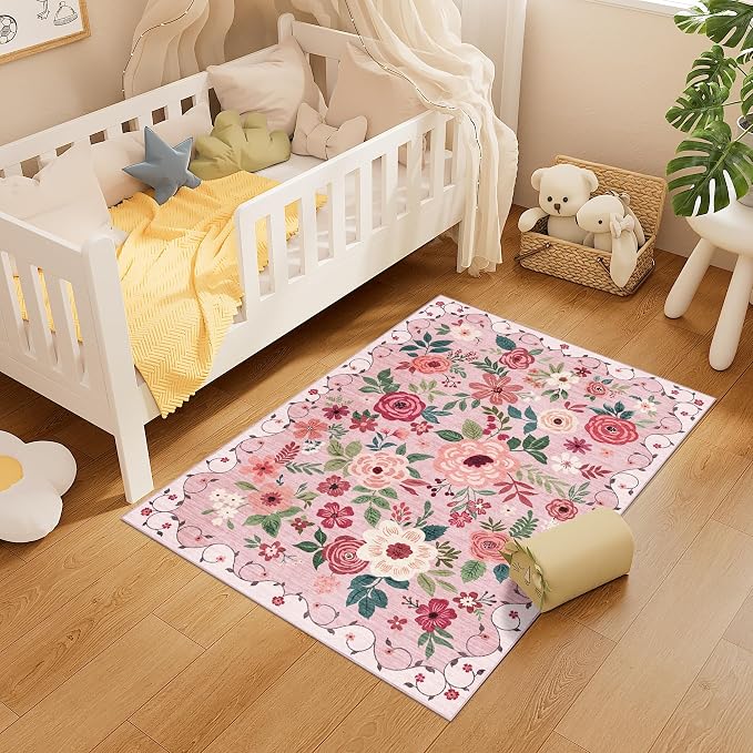 DUKINO 3x4 Area Rug, Lightweight Non Slip Washable Floral Rug, Indoor Low Pile & Non-Shedding Boho Design Carpets for Bedroom, Kitchen, Dining Room, Pink