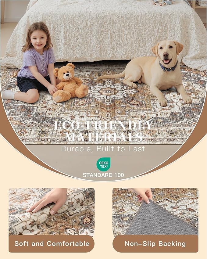 Madane Washable Area Rug 2x3, Small Entryway Rug Non-Slip Vintage Door Mat Indoor Entrance, Low Pile Floor Carpet for Inside Front Door Bedroom Kitchen Entry Laundry (2'x3', Turmeric/Grey)