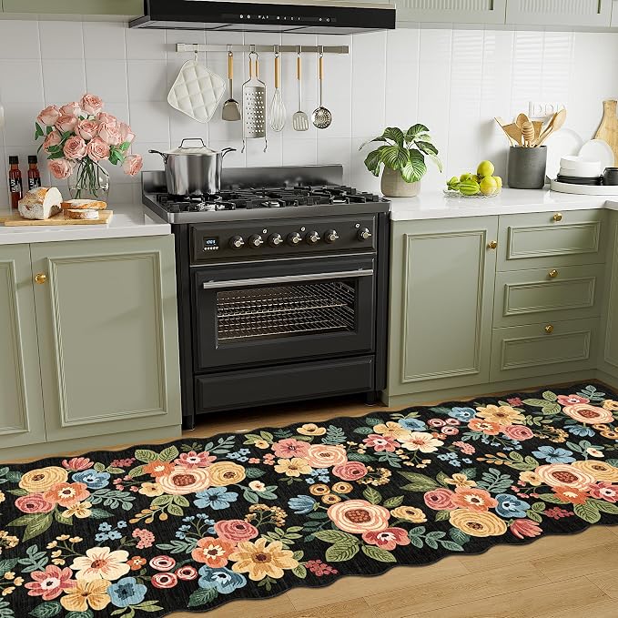 DUKINO 2.6x10 Runner Rug for Hallway, Lightweight Washable Floral Kitchen Rug with Non Shedding, Soft Low Pile & Non Slip Backing Boho Runner for Entryway, Bathroom, Laundry, Bedroom, Black