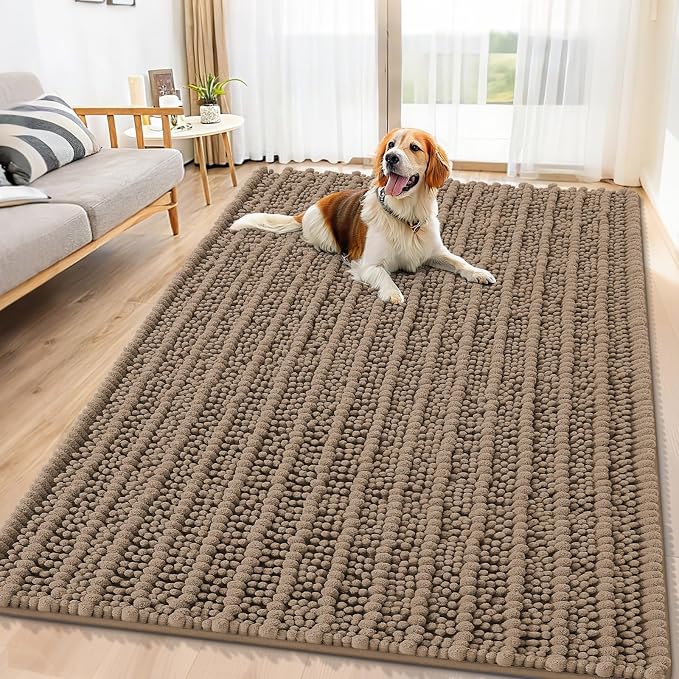 Smiry Dog Door Mat for Muddy Paws 71x46, Absorbent Dirt Trapper, Non-Slip Washable Chenille Entryway Rug for Inside Floor, Camel, Layered Pattern