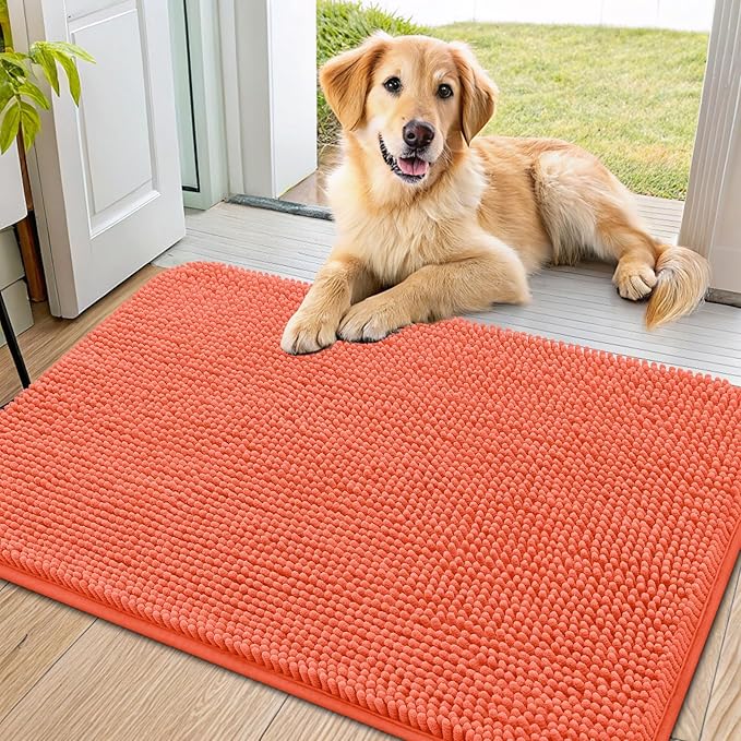 Smiry Dog Door Mat for Muddy Paws 36x24, Absorbent Dirt Trapper, Non-Slip Washable Chenille Entryway Rug for Inside Floor, Coral, Classic Solid