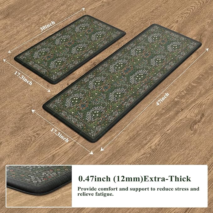 Collive Kitchen Mats for Floor, Cushioned Anti Fatigue Mat Dark Green Floral Rugs 2 Piece Non Skid Waterproof Sink Rug, Memory Foam Comfort Standing Mat for Office, Laundry, Desk