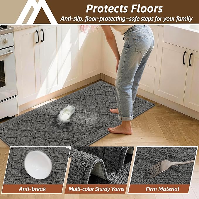 COSY HOMEER Kitchen Rugs 24"x35" Non-Slip Washable Kitchen Mats for Floor Polypropylene Absorbent Kitchen Floor Mat for Kitchen Sink Entryway,Grey