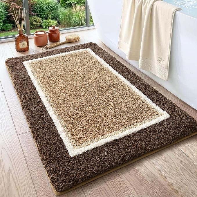 DEXI Bathroom Rugs 32x20, Absorbent Extra Soft Plush Microfiber Bath Mat for Bathroom, Non Slip Washable Bathmat Quick Dry for Shower Floor, Sink, Tub, Laundry Room, Brown and Dark Beige