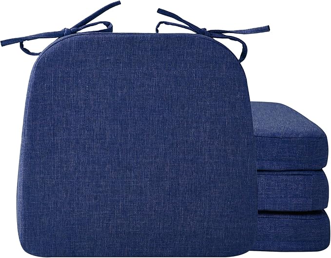 Ruqmuis Chair Cushions for Dining Chairs, 2" Thick Seat Cushions for Kitchen Chairs, D-Shaped Chair Pads with Washable Cover, Ties and Non Slip Backing, 17'' x 16'', Set of 4, Blue