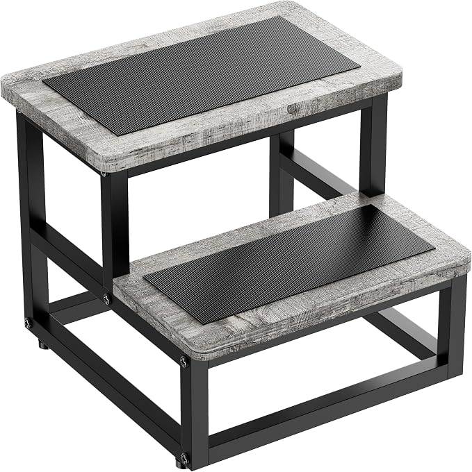 SZLHANJZ Step Stools for Kids Adults, Heavy Duty Stepping Stools Bed Steps for High Beds, Non-Slip Metal and Wooden 2 Steps Foot Stool for Bedside Kitchen, Round Corner, 500 Lbs Capacity, Gray Pattern