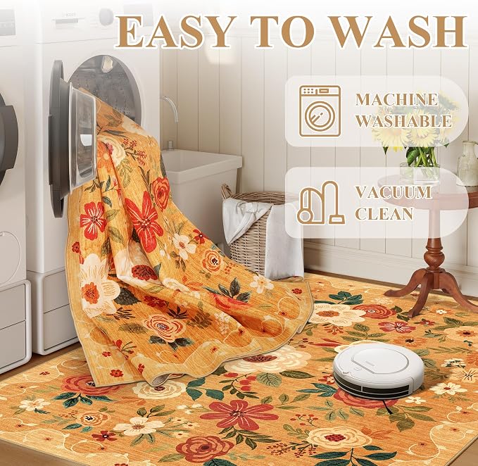 DUKINO 6x9 Area Rug, Floral Rugs for Living Room, Lightweight Non Slip Washable Rug, Indoor Low Pile & Non-Shedding Boho Design Rugs for Bedroom, Living Room, Dining Room, Orange