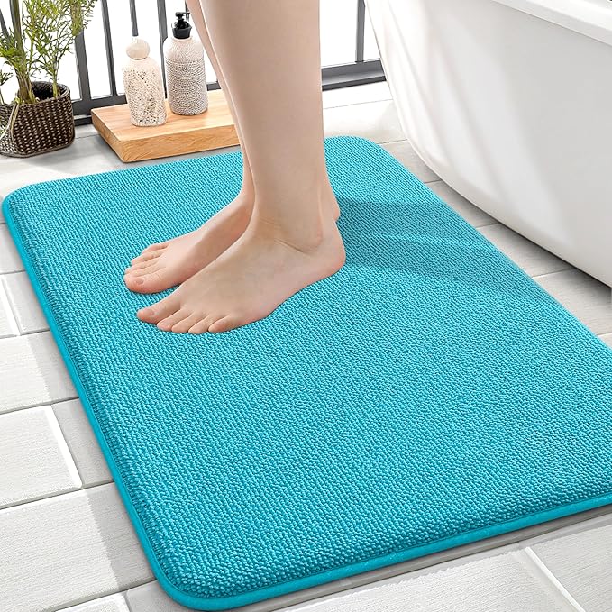 OLANLY Thick Memory Foam Small Bathroom Rugs 24x16, Extra Soft Absorbent Bath Rug, Quick Dry Bath Mats, Non-Slip, Machine Washable Carpet for Bathroom, Tub and Shower, Home Decor Accessories, Aqua Sky