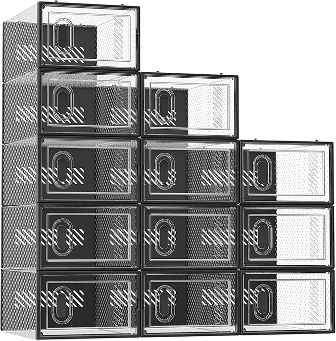 SIMPDIY Shoe Storage, 12 Pack Shoe Organizer for Closet, Shoe Boxes Clear Plastic Stackable Shoe Containers with Lids for Size 10, Black