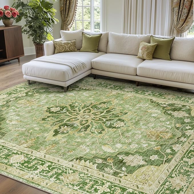 RELEANY Area Rugs 8'x10' Washable Non-Slip, Floral Vintage Distress Medallion Carpet for Living Room Bedroom Dining Room, Sage Green Yellow