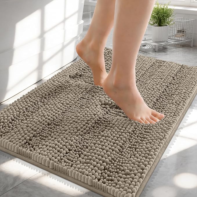 OLANLY Thick Small Bathroom Rugs 24x16, Extra Soft Absorbent Chenille Striped Bath Rugs, Rubber Backing, Machine Wash, Bath Mats for Bathroom Floor, Tub and Shower, Home Decor Accessories, Warm Taupe