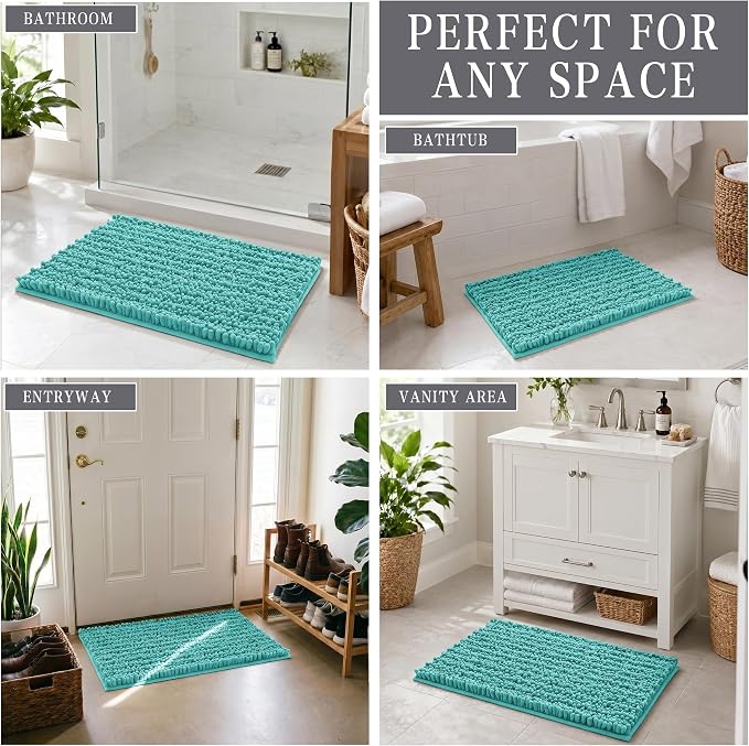 Yimobra Bathroom Rugs Non Slip Washable - Ultra Soft Absorbent Chenille Bath Mat, Quick Dry Shaggy Floor Carpet for Tub Shower, Lake Blue Home Decor Accessories, 24x17 Inch