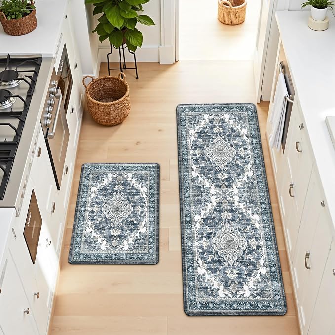 Boho Kitchen Mats for Floor 2 Piece Set Anti Fatigue Cushioned PVC Kitchen Rugs Non Slip Waterproof Farmhouse Mats 2/5 Inch Comfort Standing Mat for Sink, Laundry, 23.6"x39"+23.6"x59",D5