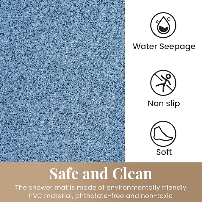 Shower Mat Bathtub Mat Non-Slip,47x16 inch, Soft Tub Mat with Drain,PVC Loofah Bath Mat (Phthalate Free) for Tub and Bathroom,Lake Blue