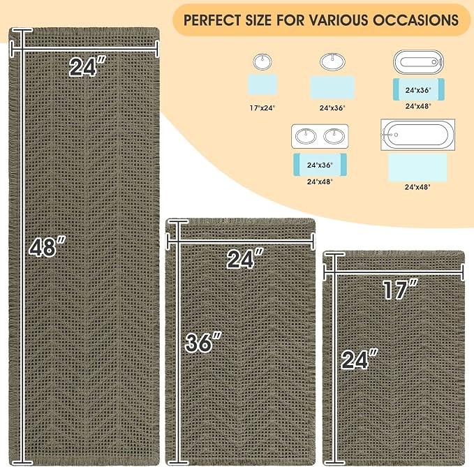 Upgrade Waffle Bath Mat Set 3 Piece, Greyish Green, Boho Bathroom Rugs Absorbent Non Slip, Ultra Soft Bathroom Mat, Machine Washable Knit Bath Rugs with Herringbones for Bathroom, Bedroom, Kitchen