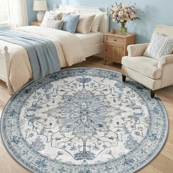RELEANY Area Rugs Round 6ft Washable Non-Slip, Floral Vintage Distress Medallion Carpet for Living Room Bedroom Dining Room, Light Blue Navy Gray White