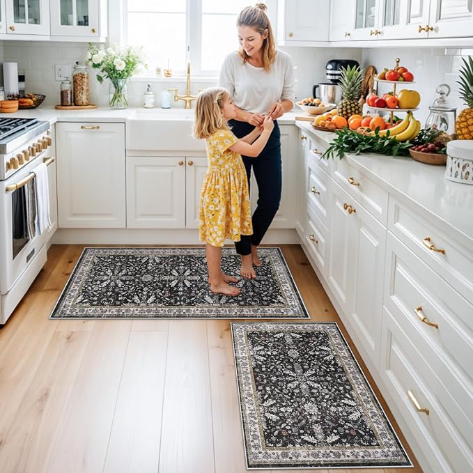 Kitchen Rugs Set of 2 Washable Non Slip – Soft Low Pile Boho Floral Decorative Area Rugs & Runner Mats for Kitchen Floor, Entryway, Hallway, Doorway & Bathroom – Indoor Small Rugs (Black, 2x3+2x4)