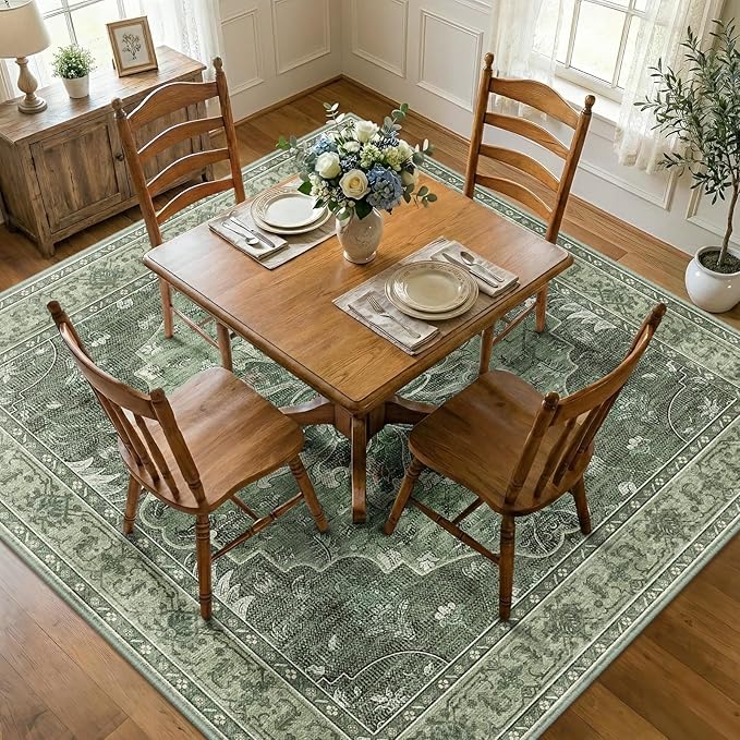 RELEANY Area Rugs Square 7ft Washable Non-Slip, Floral Vintage Distress Medallion Carpet for Living Room Bedroom Dining Room, Dark Green Gray