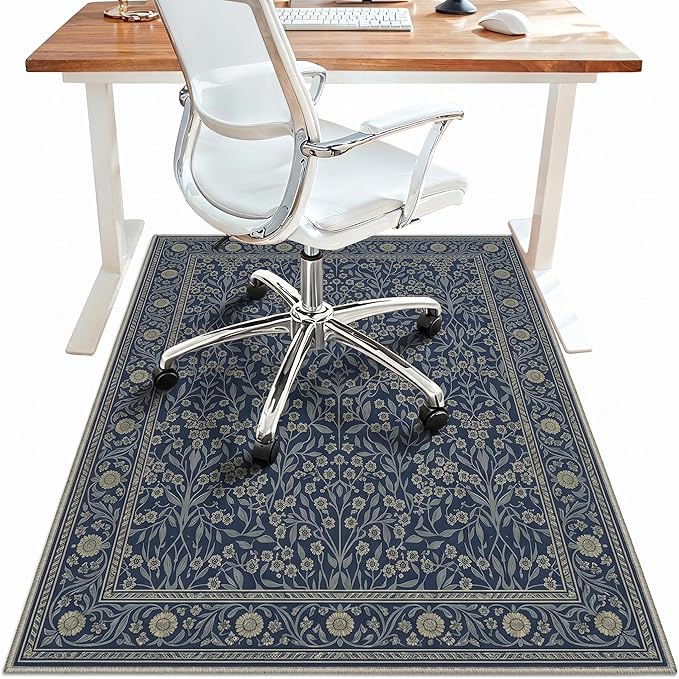 48"x72" Office Chair Mat for Hardwood Tile Floor, Under Desk Carpet Protector for Rolling Computer Chair Mat, Machine Washable Area Rug, Anti-Slip 1/5" Thick Low Pile Thin Vinyl Floor Mat, Floral Navy