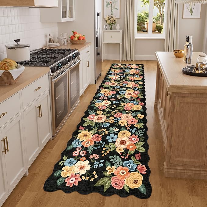 DUKINO 2x8 Washable Runner Rug, Lightweight Soft Floral Hallway Rug Runner with Low Pile Design, Non Shedding & Non Slip Backing Thin Indoor Carpet for Bedroom, Bathroom, Entrance, Kitchen, Black