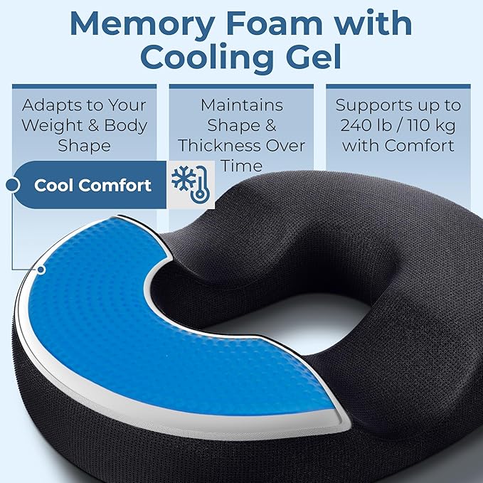 5 STARS UNITED Donut Pillow for Tailbone Pain & Hemorrhoids – Large Memory Foam Seat Cushion with Cooling Gel Layer for Bed Sore-Prone Areas & Pressure Relief – Black Mesh Cover