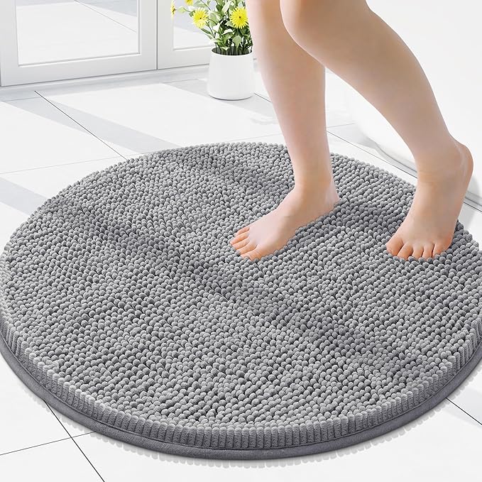 Smiry Luxury Chenille Round 24x24, Extra Soft and Absorbent Shaggy Bathroom Mat Rugs, Machine Washable, Non-Slip Plush Carpet for Tub, Shower, and Bath Room, Grey