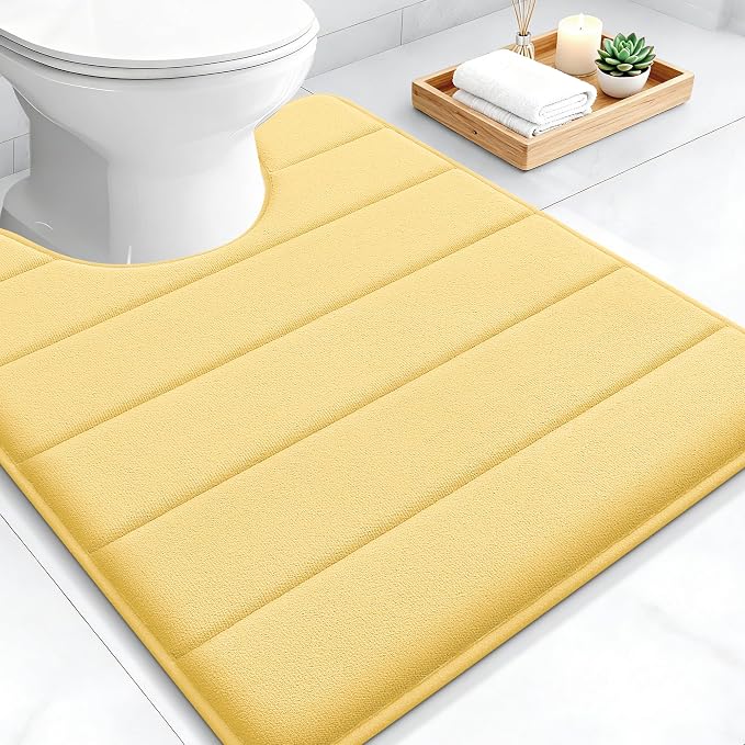 OLANLY Memory Foam Toilet Rugs U Shaped 24x20, Super Soft Absorbent Contour Bath Rugs, Quick Dry, Machine Washable Toilet Mat, Bathmat Floor Carpet, Bathroom Home Decor Accessories, Yellow
