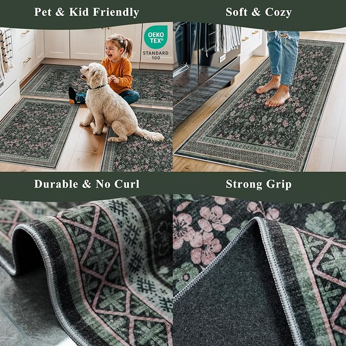 Kitchen Rugs 3 Piece Set, Washable Non-Slip Farmhouse Kitchen Mats for Hardwood Floor, Rustic Floral Boho Runner Rug for Sink,Entryway & Hallway & Bathroom (Dark/Green/Floral,2x3-2x4-2x5)