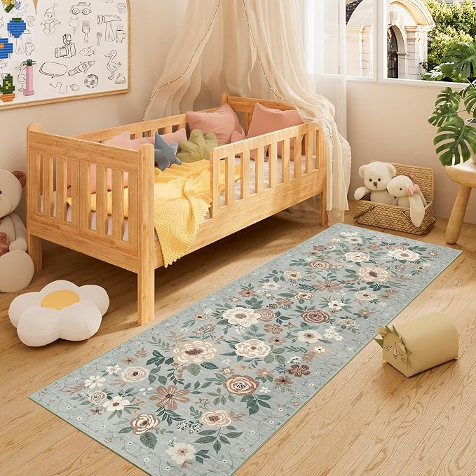 DUKINO 2x6 Runner Rug for Hallway, Washable Kitchen Runner Rug with Non Slip Backing, Low Pile Soft Boho Floral Runner for Kitchen, Hallway, Entryway, Laundry, Bedroom, Sage Green