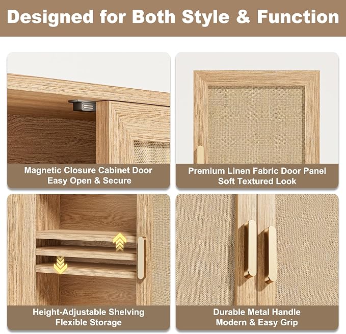 INNOD Rattan Bathroom Wall Cabinet with Open Compartments, Wall-Mounted Medicine Cabinet with Adjustable Wood Shelf & Doors, Over the Toilet Storage Cabinet for Laundry Room & Kitchen & Living Room