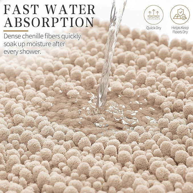 Yimobra Bathroom Rugs Non Slip Washable - Ultra Soft Absorbent Chenille Bath Mat, Quick Dry Shaggy Floor Carpet for Tub Shower, Light Brown Home Decor Accessories, 24x17 Inch