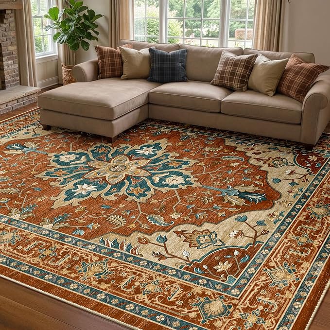 RELEANY Area Rugs 8'x10' Washable Non-Slip, Floral Vintage Distress Medallion Carpet for Living Room Bedroom Dining Room, Red Orange Blue Brown