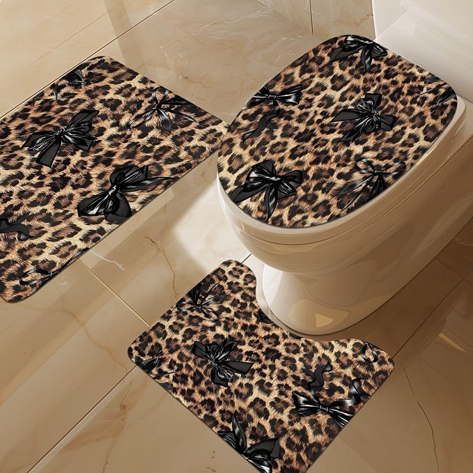 4 PCS Leopard Black Bow Shower Curtain Set 72Wx72H,Toilet Lid Cover,Non-Slip Rugs and U-Shaped Mat, Girly Cheetah Bathroom Sets with Rugs Shower Accessories 12 Hooks for Bathroom Decor