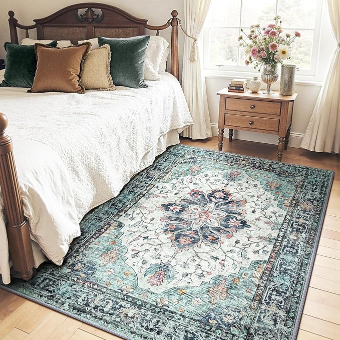 RELEANY Area Rugs 4'x5' Washable Non-Slip, Floral Vintage Distress Medallion Carpet for Living Room Bedroom Dining Room, Green Navy Blue White Red Teal
