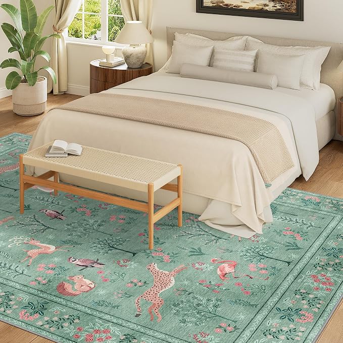 DUKINO 5x7 Rug, Washable Animal Living Room Rug with Non Slip Vintage Design, Soft Low Pile Large Carpet for Bedroom, Nursery, Dining Room, Farmhouse, Playroom, Teal