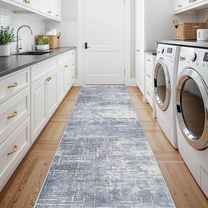 Washable Abstract 14ft Runner Rug: Non-Slip Low-Pile Rug Runner Soft Beside Carpet Indoor Farmhouse Entryway Floor Mat Bathroom Living Room Stain Resistant Area Rugs Cozy Home Decor(2'6x14,Blue/ivory)