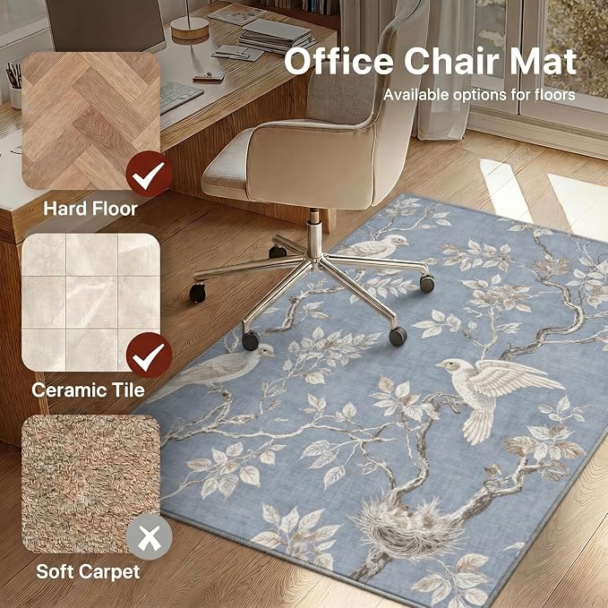 48"x72" Office Chair Mat for Hardwood Tile Floor, Under Desk Carpet Protector for Rolling Computer Chair Mat, Machine Washable Area Rug, Anti-Slip 1/5" Thick Low Pile Thin Vinyl Floor Mat, Dusty Blue
