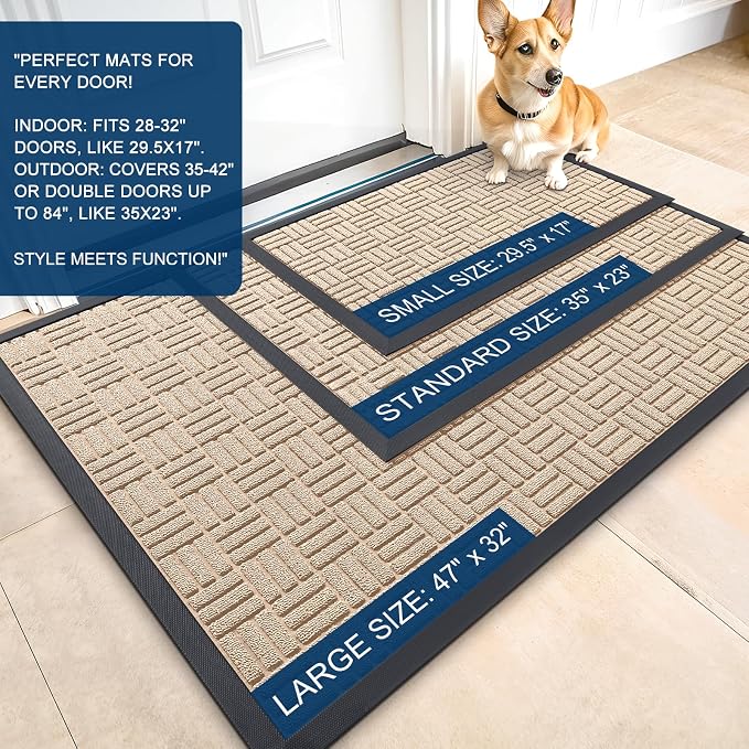 OLANLY Front Door Mat Outside Entrance 47x32, Absorbent, Heavy Duty Sturdy Natural Rubber Doormat Indoor Outdoor, Non-Slip, Stain and Fade Resistant, Low Profile Floor Mat for Entryway, Latte White