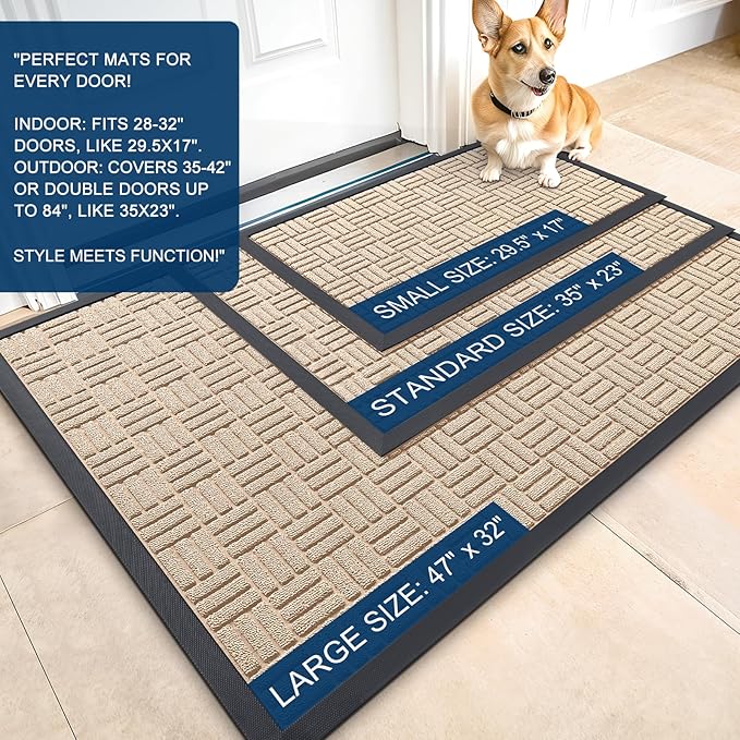 OLANLY Front Door Mat Outside Entrance 59x34, Absorbent, Heavy Duty Sturdy Natural Rubber Doormat Indoor Outdoor, Non-Slip, Stain and Fade Resistant, Low Profile Floor Mat for Entryway, Latte White