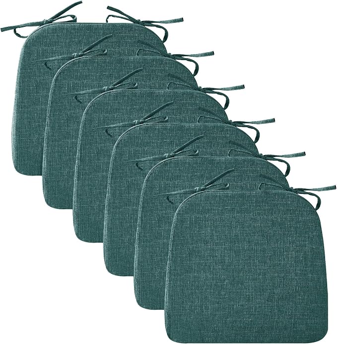 Ruqmuis Chair Cushions for Dining Chairs, 2" Thick Seat Cushions for Kitchen Chairs, D-Shaped Chair Pads with Washable Cover, Ties and Non Slip Backing, 17'' x 16'', Set of 6, Green