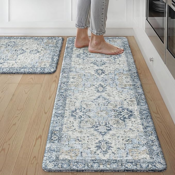 GENIMO Kitchen Mats for Floor 2PCs, Washable Anti Fatigue Mat for Cushioned, 17.3"x47"+17.3"x30", 0.4 inch, Waterproof Kitchen Rug, Non Slip Standing Mat for Home, Runner, Office, Laundry, Light Blue