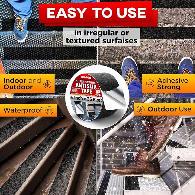 Trazon Grip Tape - Heavy Duty Anti Slip Tape with Aggresive Adhesion for Irregular or Textured Surfaces Outdoor/Indoor Waterproof 4Inch x 35Ft Safety Non Skid Roll