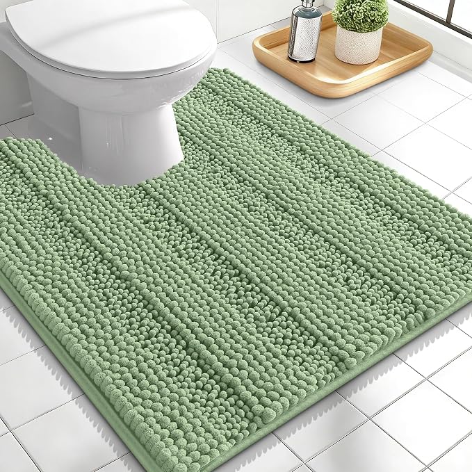 OLANLY Thick Toilet Rugs U-Shaped 24x20, Extra Soft Absorbent Chenille Striped Contour Bathroom Rugs for Toilet, Dry Quickly, Machine Washable, Non-Slip Bath Mat, Sage Green