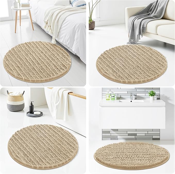 Smiry Bathroom Rugs Mat Round 24x24, Soft Absorbent Chenille Bath Rugs, Non Slip Rubber Backing Machine Washable Quick Dry Bath Mats for Bathroom Floor, Tub, Shower, Home Accessories, Beige