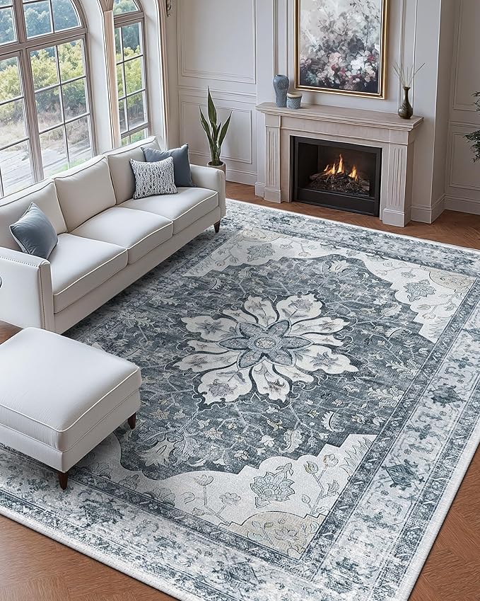 RELEANY Area Rugs Large 9'x12' Washable Non-Slip, Floral Vintage Distress Medallion Carpet for Living Room Bedroom Dining Room, Light Gray Grey White