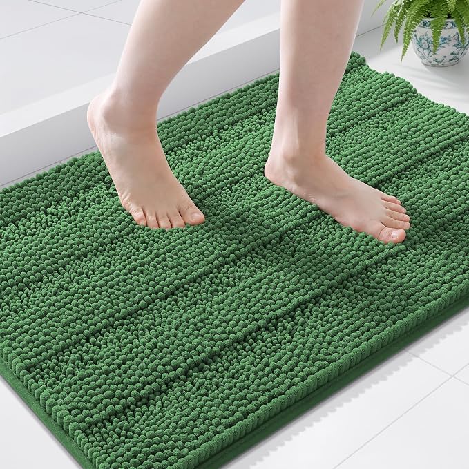 Grandaily Chenille Striped Bathroom Rugs 36x24, Extra Thick and Soft Absorbent Bath Mats, Rubber Backing, Plush Shaggy Shower Carpet, Machine Wash Dry, Bath Rug for Bathroom, Olive Green